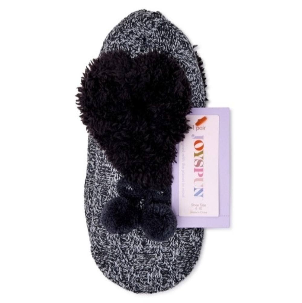 NWT! Joyspun Black Soot Pom Pom Knit Slipper Socks 1Pack 4-10